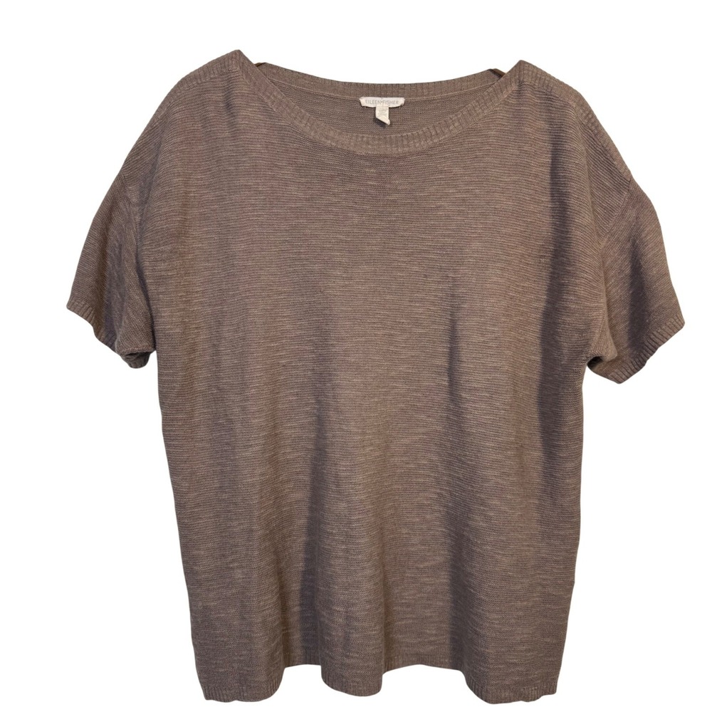 Eileen Fisher Blouse Large Tan Organic Linen Cotton Short‎ Sleeve Relaxed Fit